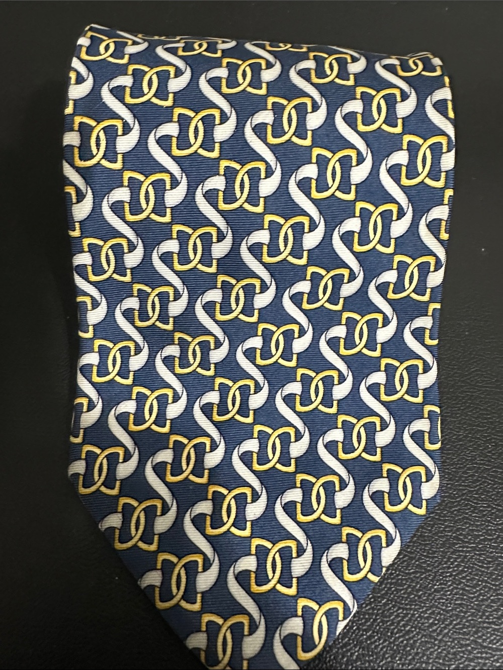 Paolo Gucci, Men's Navy Patterned Silk Tie with White and Yellow Chain Motif